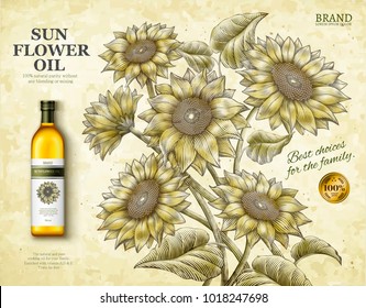 Sunflower oil ads, exquisite cooking oil product in 3d illustration with retro etching shading style sunflowers