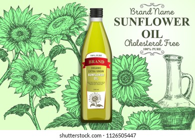 Sunflower oil ads. Vector realistic sunflower oil glass bottle packaging mockup, ink hand drawn sunflower plant parts, sunflower seeds, glass pitcher of cooking oil.