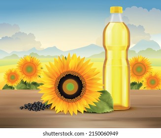 Sunflower oil advertising poster with orange flowers seeds and plastic bottle at nature field background realistic vector illustration