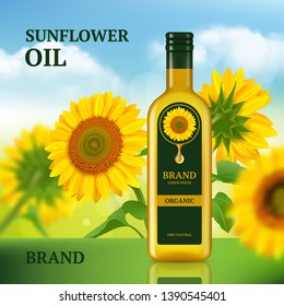 Sunflower oil. Advertizing design template for magazine chef liquid product in bottle vector background realistic