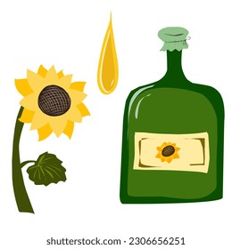 Sunflower oil. Bottle, sunflower, drop. Flat illustration. Element for design	
