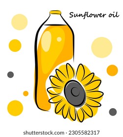 Sunflower oil in a bottle with a sunflower flower on a white background. Vector illustration in doodle style