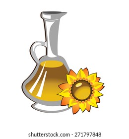 Sunflower oil bottle and flower. Vector illustration. 