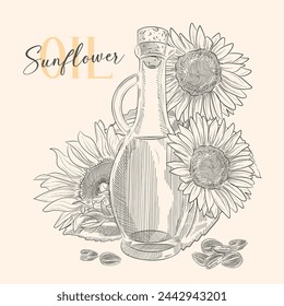 Sunflower oil bottle with sunflower flowers and bunch of seeds. Vector drawn illustration. Glass jug vintage engraving isolated on white background. Great for menu, banner, label, logo, flyer