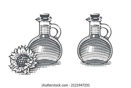 Sunflower oil bottle with sunflower. Hand drawn engraving style illustrations. Vector illustration.
