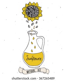 Sunflower oil in bottle. Hand drawn illustration isolated on white