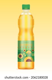 Sunflower oil bottle with label. Packaging tamplate. Realistic package isolated. Sign, icon, object for advertizing, presentation, branding