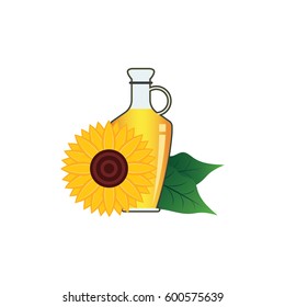 sunflower oil in the bottle with sunflower seed and flower.vector illustration