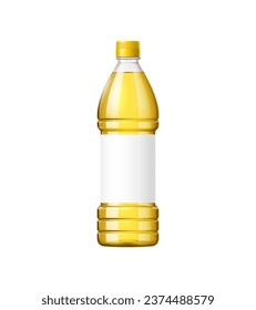 Botella de aceite de girasol, paquete de plástico transparente y elegante aislado 3d vectorial mockup que muestra la esencia dorada del aceite vegetal puro. Diseño de frasco en blanco para anuncios de productos sanitarios e identidad de marca