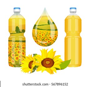 Sunflower oil in bottles and drop on a white background