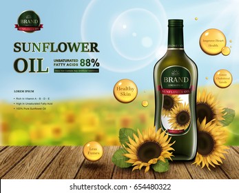 sunflower oil contained in glass bottle, sunflower farm 3d illustration svg