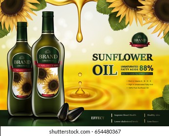 sunflower oil contained in glass bottles, sunflower elements and golden oil drops, 3d illustration