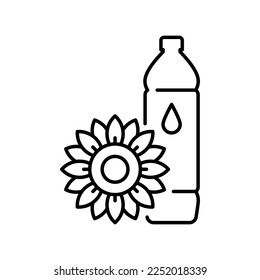 Sonnenblumenöl, bearbeitbare Ikone. Vegi-Fett zum Braten und Braten. Organisches Sonnenblumenöl in Plastikflasche. Zusammensetzung mit Blume. Einzigartige Illustration, dünn bearbeitbare Striche