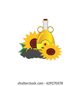 sunflower oil, flower, seed sunflower concept in the bottle with the flower.vector illustration