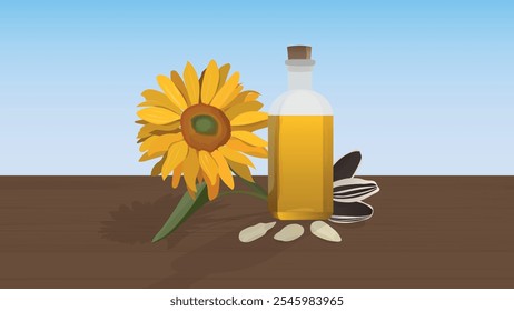 Sunflower oil, flower, seeds, cereals on the wooden table. Sunflower seed oil in a glass bottle against blue sunny sky. 