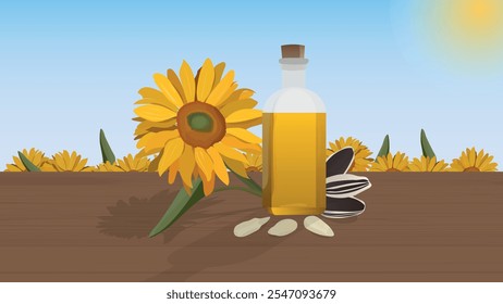 Sunflower oil, flower, seeds, cereals on the wooden table and sunflowers field in the background. Sunflower seed oil in a glass bottle against blue sunny sky. 