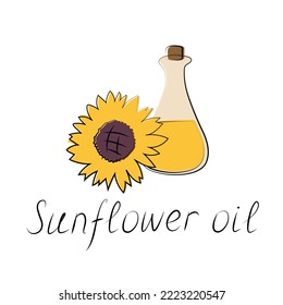 Sunflower oil glass bottle color line icon. Hand-written inscription