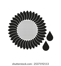 Sunflower oil icon. Black sunflower graphic. Oil drops symbol. Minimalist design.