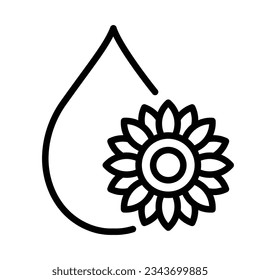 Sunflower oil icon. Drop of oil with stylized sunflower plant. Line icon, editable strokes. Modern icon for packaging, web, design.