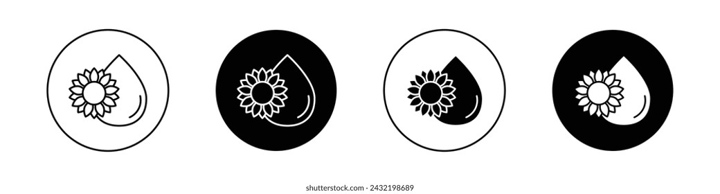 Sunflower Oil Icon Set. Seed bottle cooking vector symbol in a black filled and outlined style. Liquid Gold Sign.