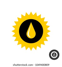 Sunflower oil icon. Sun flower symbol silhouette with fat oil drop sign inside.