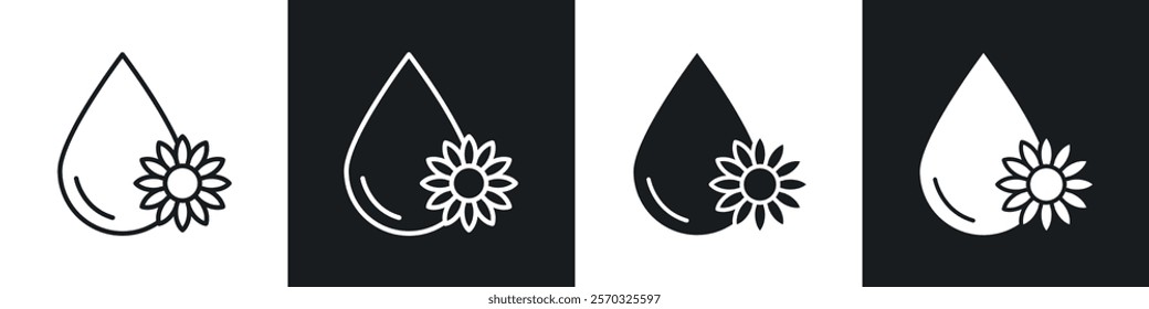 Sunflower oil icons vectors set in black. line and flat versions