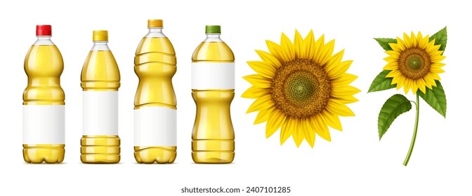Sunflower oil isolated 3d vector set. Glistening bottles of pure a golden elixir for culinary magic, standing tall beside a radiant sunflowers in full bloom, natural food, plastic flasks and blooms svg