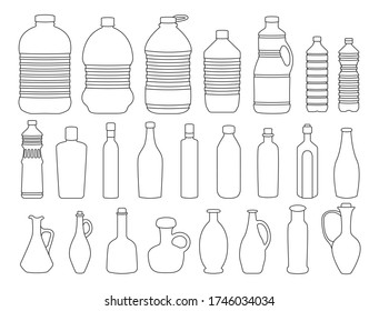 Ilustración vectorial aislada de aceite de girasol sobre fondo blanco. Botella de aceite del conjunto de la línea del vector. Icono de línea aislada producto de girasol.