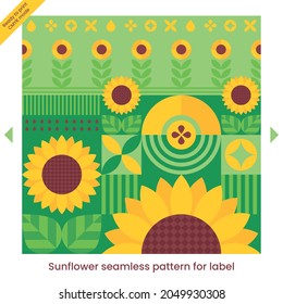 Sunflower oil label. Agriculture background. Abstract geometric background witn sunflowers, sun, seed, leaves, field, oil simbols. Seamless pattern for packaging printable isolated. Modern concept.