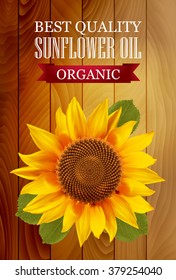 Sunflower oil label with a wooden background. vector illustration.