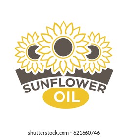 Sunflower oil label with yellow flower with black dieting seeds