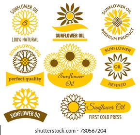 Sunflower oil logo set. Vector sunflowers sun field plants labels and emblems set