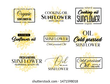 Sunflower Oil Logos Set, Technology Wildflower Logo Templates for Brabding Identty. Yellow and Black Vector Isolated Flowers Hand Drawings with Lettering and Frames