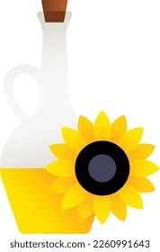 Sunflower oil. Minimalistic illustration.  Organic sunflower seeds oil in vintage jug.  Product for frying at kitchen or treatment at cosmetology. Unique flat illustration in simple geometric style