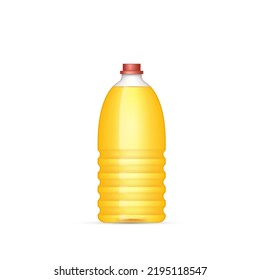 Sunflower oil plastic bottle realistic. Yellow sunflower oil food. Vegetarian organic ingredient for cooking in container isolated on white background. Vector illustration