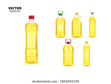 Sunflower oil plastic bottles with label set. Isolated vector yellow sunflower oil food collection. Healthy organic ingredient for cooking in containers on white background