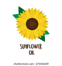Sunflower oil print, vector illustration drawing of sunflower blossom and green leaves with writing. Isolated on white background.