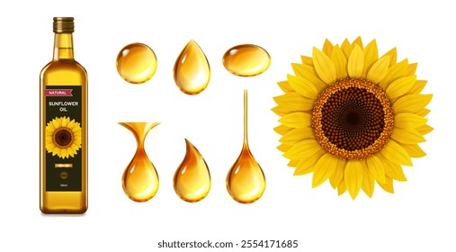 Sunflower oil realistic 3d vector set. Glass bottle of pure golden oil for culinary, oil drops and sunflower in full bloom