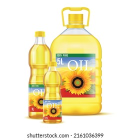 Sunflower oil realistic composition with three plastic bottles of different size vector illustration