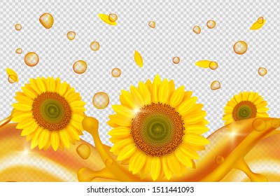 Sunflower oil realistic. Golden drops, oil waves, sunflowers vector