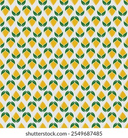 Sunflower oil seamless pattern with abstract geometric shapes. Leaves, oil bottles on light colored mosaic background. Simple flat style. For branding, food packaging, prints