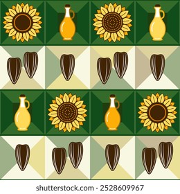 Modelo inconsútil del aceite de girasol con los iconos de las cabezas de flor, semillas rayadas negras, botellas de aceite en el fondo Horizontal del mosaico rayado. Estilo plano simple para la marca, el empaquetado de los alimentos, impresiones