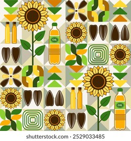 Sunflower oil seamless pattern with icons, abstract geometric shapes. Flowers, seeds, oil bottles on light colored mosaic background. Simple flat style. For branding, food packaging, prints