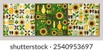 Sunflower oil seamless patterns with icons, abstract geometric shapes. Flowers, black striped seeds, oil bottles on mosaic background. Simple flat style for branding, food packaging, prints