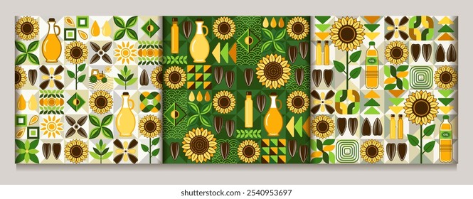 Sunflower oil seamless patterns with icons, abstract geometric shapes. Flowers, black striped seeds, oil bottles on mosaic background. Simple flat style for branding, food packaging, prints