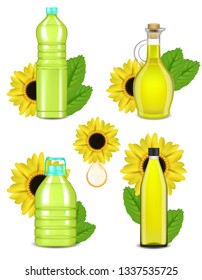 Sunflower oil set. Vector realistic illustration of plastic and glass bottles of cooking vegetable oil with sunflower plants.