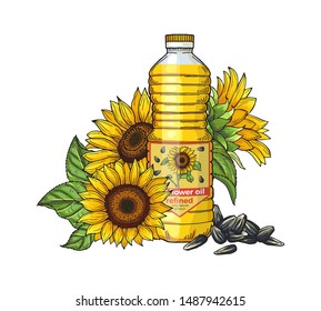 Sunflower oil sketch. Vector seeds, sunflowers and oil bottle isolated on white background