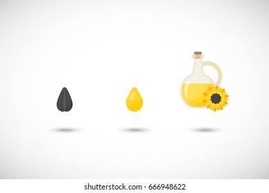 Sunflower oil vector flat icons set, Flat design of food, agriculture or industry symbol with round shadow, cute vector illustration with reflections