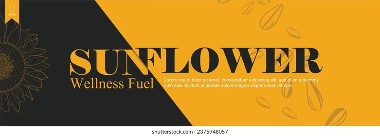 Sunflower oil vector templates of business banners. hand-drawn sunflower, sunflower seed pattern, and text space on a yellow and black background. Production of sunflower concept in engraving style