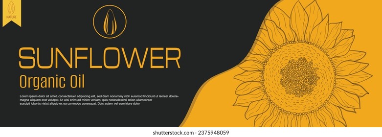 Sunflower oil vector templates of business banners. hand-drawn sunflower, sunflower seed pattern, and text space on a yellow and black background. Production of sunflower concept in engraving style